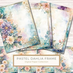 Paquete de papel digital de acuarela Dahlia con detalles intrincados: 10 archivos JPG con marco de página en tonos azul suave y crema, tamaño carta de EE. UU., uso comercial