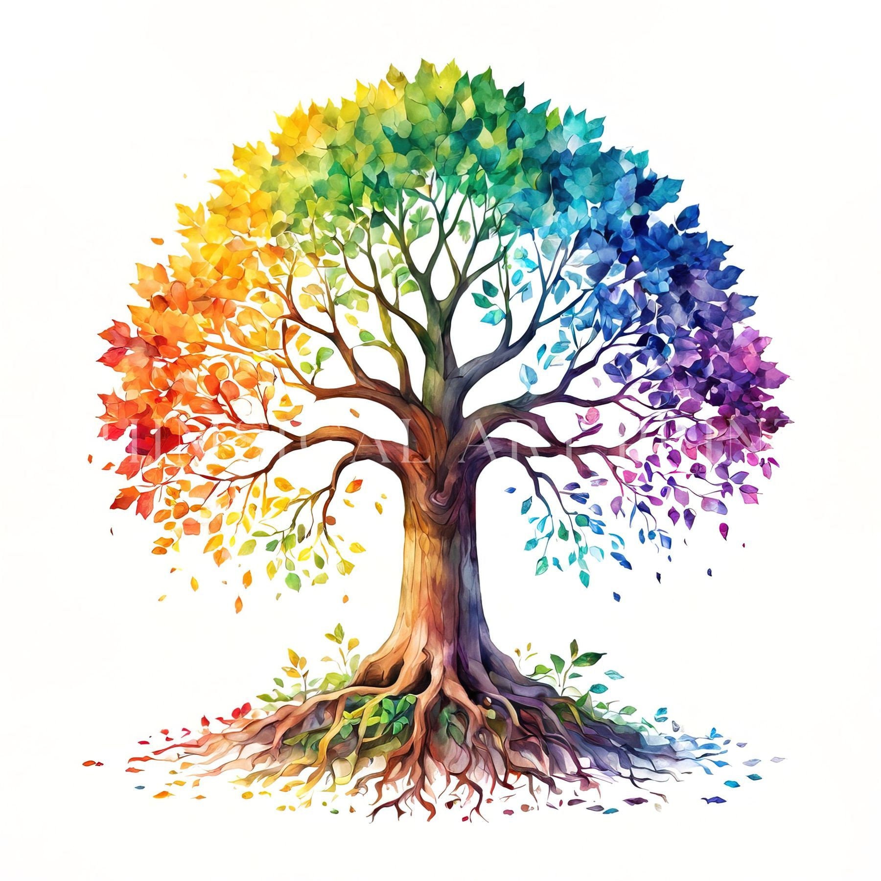 Watercolor Rainbow Tree Clipart: Mystical Old Tree Art (JPG, PNG