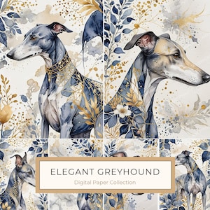 10 portraits de lévriers à l'aquarelle dans un ensemble d'art numérique géométrique bleu élégant pour les amoureux des animaux de compagnie, scrapbooking, fabrication de cartes, JPG, usage commercial