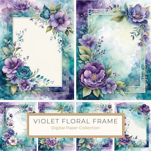 Aquarel violette bloemen lijst digitaal papierpakket, diepe teal accenten, kaarten maken, scrapbooking, digitale print, commercieel gebruik, 10 jpg's