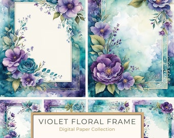 Watercolor Violet Floral Frame Digital Paper Pack, Deep Teal Accents, Card Making, Scrapbooking, Digital Print, Commercial Use, 10 JPGs