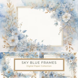 Paquete de papel digital con marco floral de acuarela en azul cielo claro, diseño floral de ensueño, invitaciones DIY, fondo para álbumes de recortes, uso comercial, 10 archivos JPG