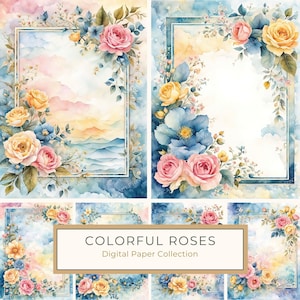 Paquet de papier numérique à bordure florale pastel colorée aquarelle, cadre de page botanique, album de scrapbooking de mariage, impression numérique, usage commercial, 10 JPG