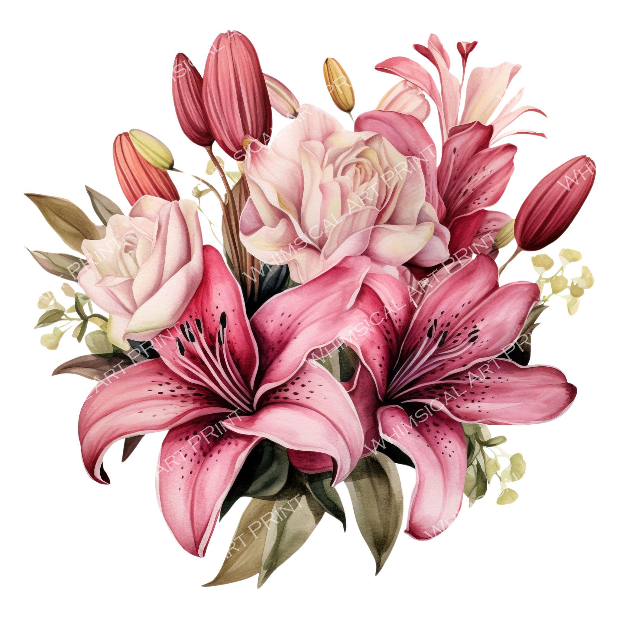 ピンクのユリの花束のクリップアート：水彩画風の花のPNG画像 - 商用