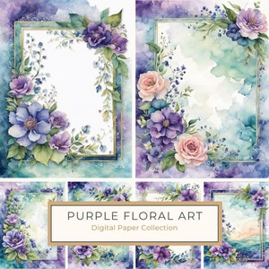 Aquarel paarse bloemenlijst digitaal papierpakket, diepe blauwgroen accenten, DIY-kaarten maken, scrapbooking, digitale print, commercieel gebruik, 10 jpg's