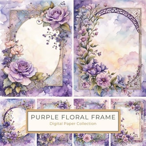 Paquete de papel digital con borde floral bohemio de acuarela púrpura, invitaciones de boda, scrapbooking, impresión digital, uso comercial, tamaño carta, 10 archivos JPG