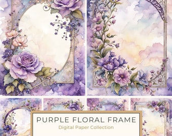 Purple Watercolor Boho Floral Border Digital Paper Pack, Wedding Invites, Scrapbooking, Digital Print, Commercial Use, Letter size, 10 JPGs