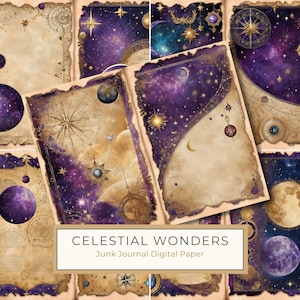 Celestial Wonders Junk Journal Páginas para impressão, 10 papéis digitais para scrapbook Cosmos Nebula de meia página, tamanho carta EUA, JPGs para uso comercial