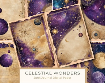 Celestial Wonders Junk Journal Printable Pages, 10 Half Page Cosmos Nebula Scrapbook Digital Paper Set US Letter Size, Commercial Use JPGs