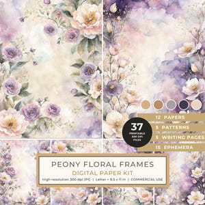 Peony Floral Frames Watercolor Digital Paper Kit: Printable Papers, Cards, Tags, Ephemera