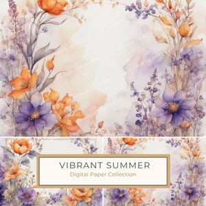 Paquete de papel digital con marco floral de acuarela de verano vibrante, mezcla de morado y naranja, invitaciones DIY, fondo para álbumes de recortes, uso comercial, 10 archivos JPG