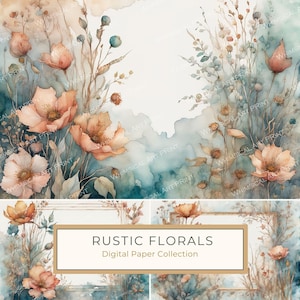 Rustikale Blumen Aquarell Blumenrahmen Digital Paper Pack, Brown und Grün Mix, DIY lädt ein, Scrapbook-Hintergrund, kommerzielle Nutzung, 10 JPGs