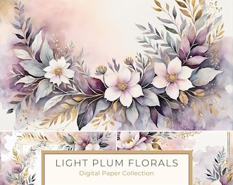 Watercolor Plum Floral Digital Paper: Scrapbooking Page Frames (10 JPGs)