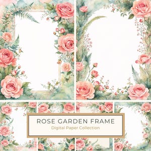 Watercolor Blush Pink Rose Frame Digital Paper, 10 JPG, Floral Border & Backgrounds for Wedding Invitation, Scrapbooking, Commercial Use