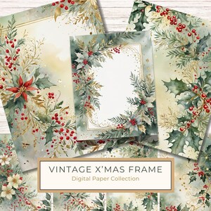 Paquete de 10 papeles digitales navideños vintage con acuarela, follaje invernal y detalles dorados, perfectos para álbumes de recortes e invitaciones