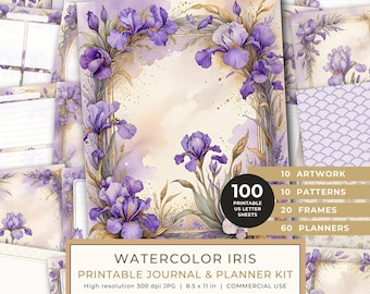 Art Journal and Planner Kit: 102 Printable Pages - Watercolor Iris - Commercial Use
