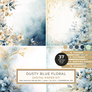 Digitales Papier-Set „Aquarell mit Blumenmuster in Staubblau“: Druckbare Papiere, Karten, Anhänger, Ephemera