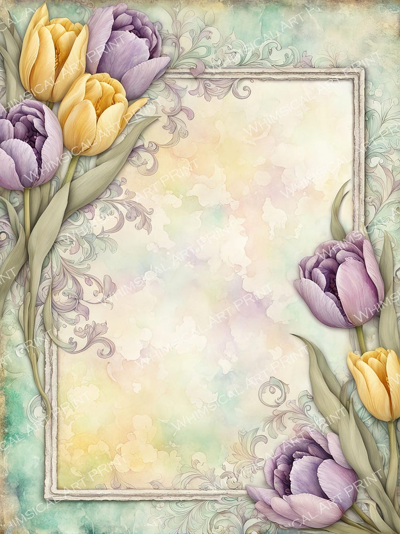 Watercolor Tulip Frame, Lavender & Yellow Floral Border, Digital Paper