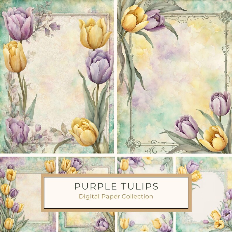 Watercolor Tulip Frame, Lavender & Yellow Floral Border, Digital Paper