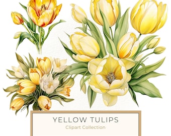 Watercolor Yellow Tulip Bouquet Clipart: Spring Flower Illustrations (JPG, PNG)
