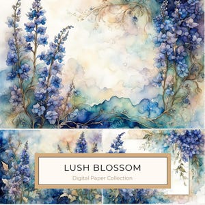 10 Watercolor Delphinium Floral Digital Paper Set suitable for DIY Stationery, Digital Crafting and Scrapbooking, 8x11in JPG, Commercial Use
