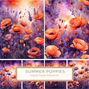 Papel digital de acuarela con atardeceres de verano, amapolas naranjas y lavanda, para scrapbooking, revistas basura, tamaño carta, uso comercial, 10 archivos JPG