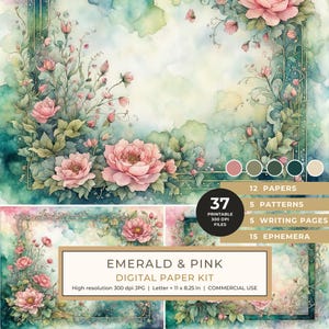 Emerald and Pink Watercolor Digital Paper Kit: Printable Papers, Cards, Tags, Ephemera