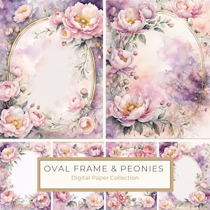 Può includere: Una collezione di carta digitale con illustrazioni ad acquerello di peonie rosa e una cornice ovale dorata. Lo sfondo è un acquerello morbido di colore viola e rosa. Il testo "OVAL FRAME & PEONIES Digital Paper Collection" è visualizzato al centro dell'immagine.