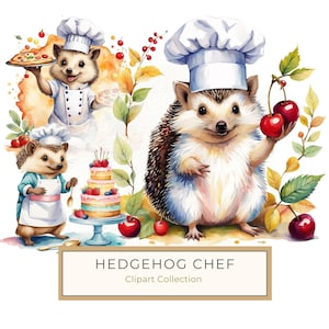 10 entzückende Aquarell Igel Koch Chef Clipart mit Kirschen & Blättern Clipart, skurrile Küchendekoration oder Rezeptbuch, kommerzielle Nutzung