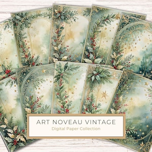 Papel digital vintage navideño con acuarela verde salvia, hojas de acebo y bayas, 10 hojas tamaño carta en formato JPG, fondo para tarjetas, uso comercial
