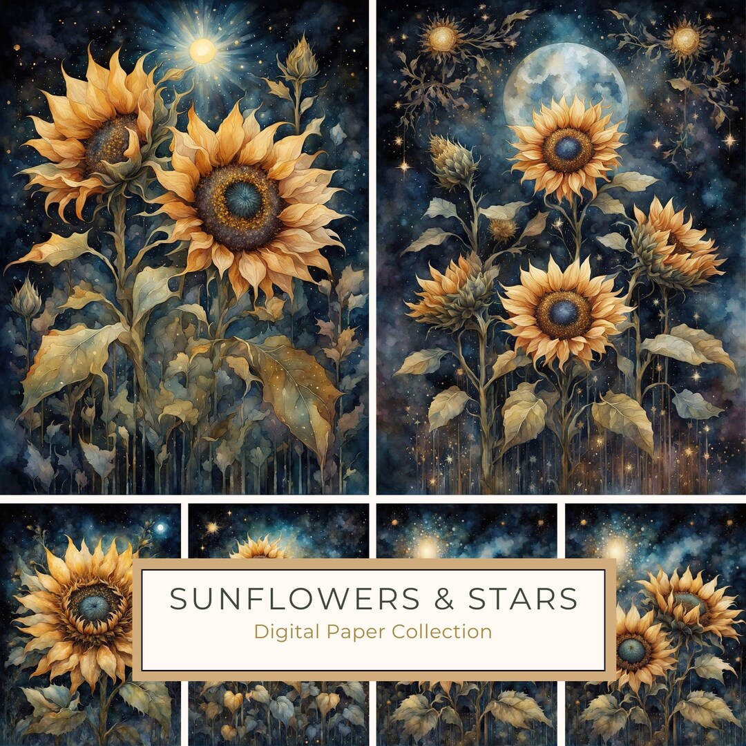 Sunflowers on a Starry Night Digital Paper Pack, Golden Yellow, Digital ...