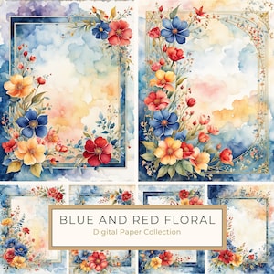 10 marcos florales de acuarela con flores rojas y detalles azules, fondo de diario basura, borde de álbum de recortes digital con letras de EE. UU. en formato JPG, uso comercial
