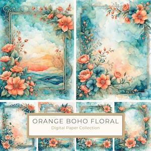 Paquet de papier numérique fleurs orange sur bleu sarcelle, fond de cadre botanique, fabrication de cartes, scrapbooking, impression numérique, usage commercial, 10 JPG