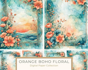 Orange Florals on Teal Digital Paper Pack, Botanical Frame Background, Card Making, Scrapbooking, Digital Print, Commercial Use, 10 JPGs