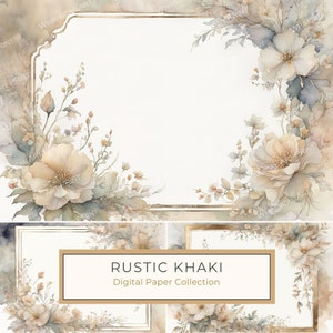 Rustikales Khaki Aquarell Blumenpapier, Abstrakte Bordüren für Scrapbooks & Junk Journals, DIY Hochzeitseinladung, Kommerzielle Nutzung, 10 JPGs