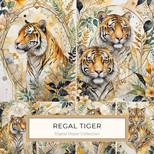 10 Aquarell Tiger-Profile mit botanischen Elementen Digital Art Set, ideal für DIY Crafting, Scrapbooking und Dekor, JPGs, kommerzielle Nutzung