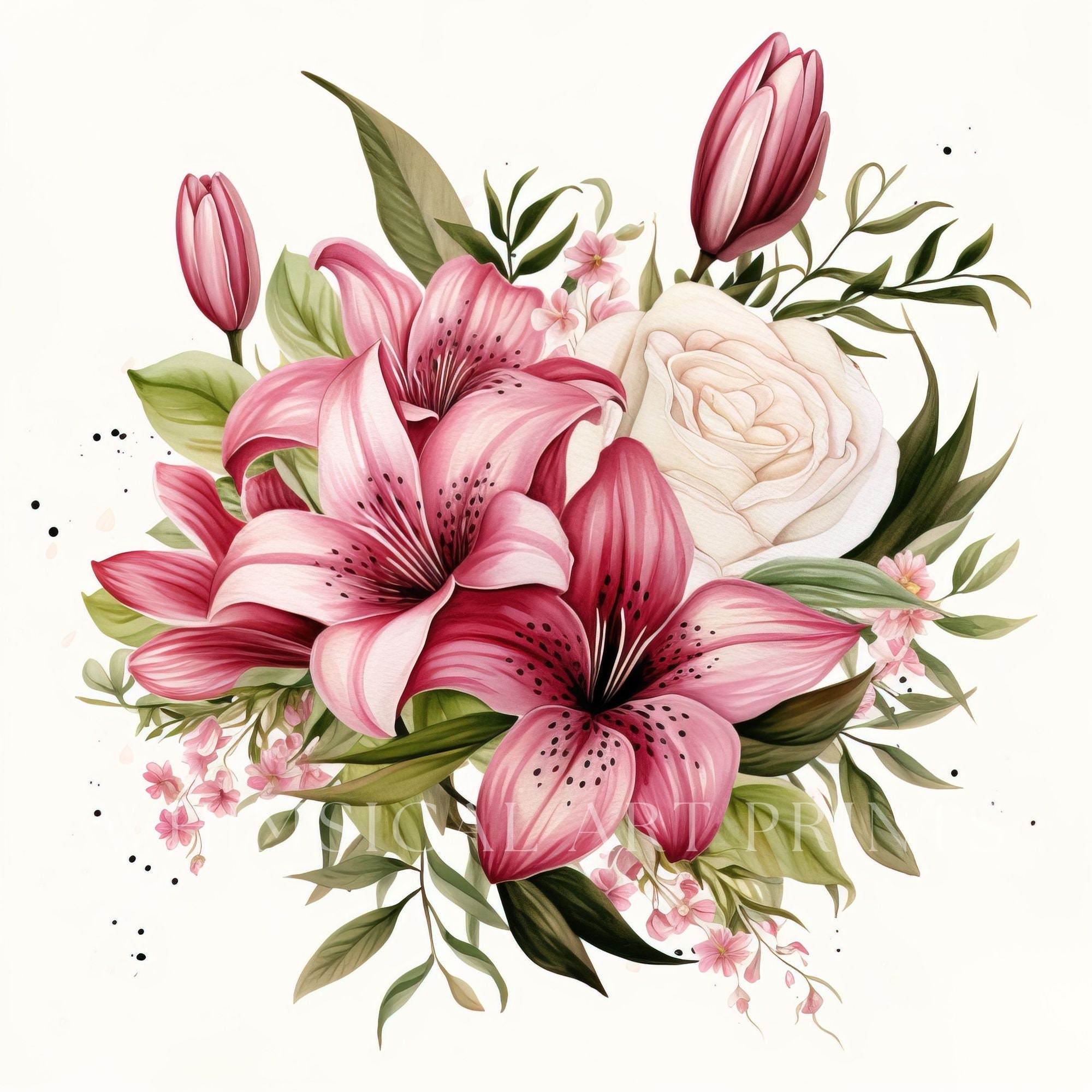 ピンクのユリの花束のクリップアート：水彩画の花（PNG、JPG、300 DPI