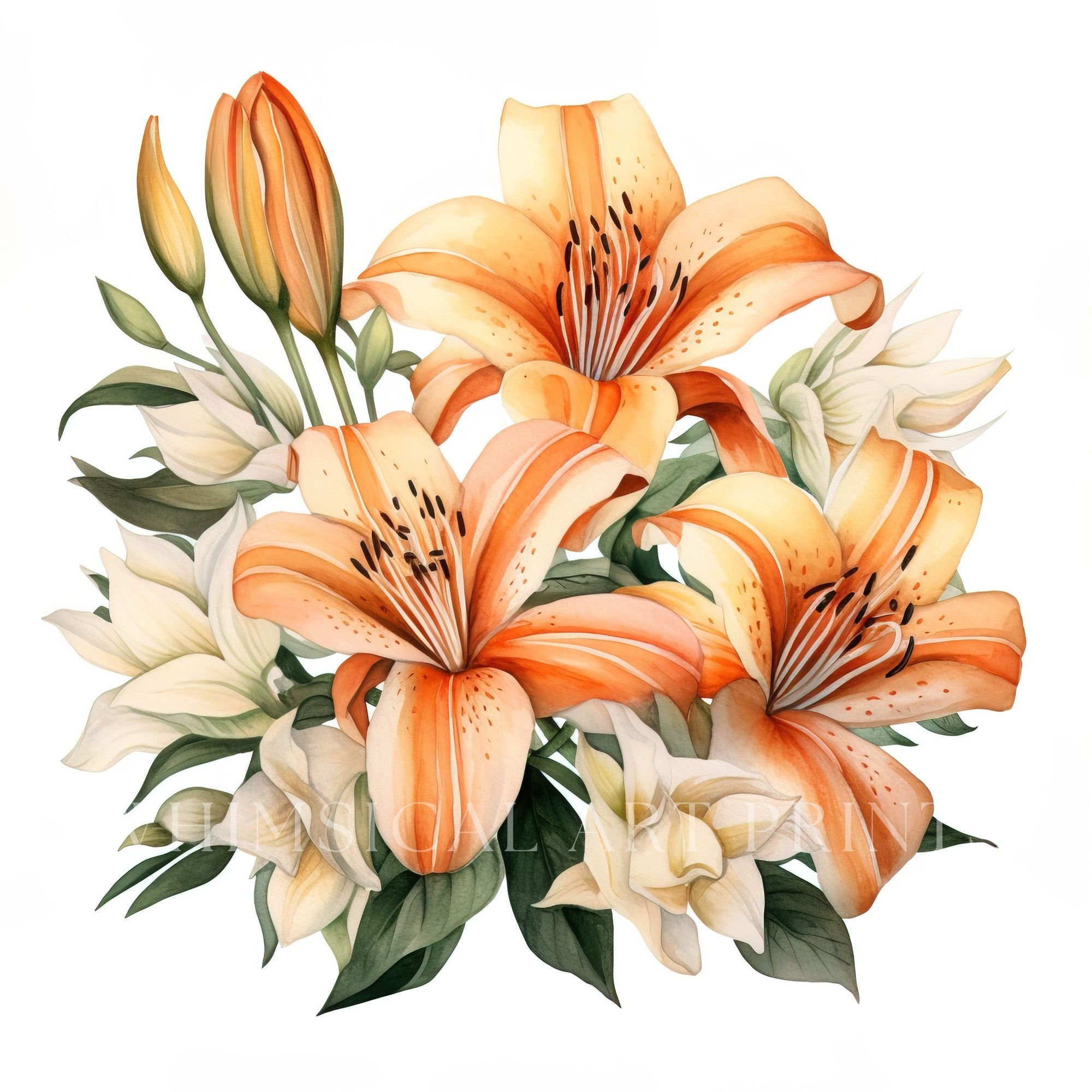Orange Lily Clipart, Bouquet Clipart, Watercolor Flowers, Orange Lilies