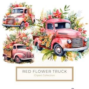 10 imágenes prediseñadas de camiones rosas vintage con flores bohemias para álbumes de recortes, tarjetas de felicitación y proyectos de manualidades, descarga en formato JPG, PNG, uso comercial