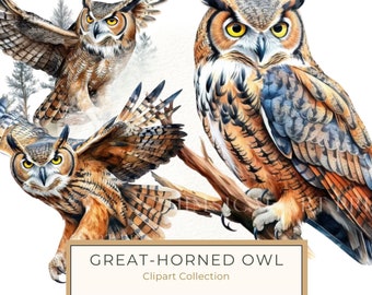 Watercolor Horned Owl Clipart, Woodland Art, Commercial Use