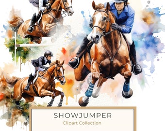 Watercolor Showjumping Clipart: Equestrian Art Illustration (Digital Download, Commercial Use)