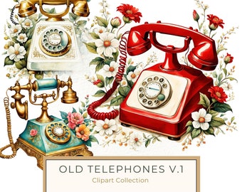 Watercolor Antique Telephone Clipart: Floral Boho Art (Digital Print)