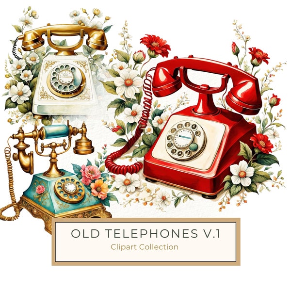 Watercolor Antique Telephones with Flowers: Boho Telephone Clipart, Rustic, Old Style Art, Digital Print, Commercial Use, 10 JPG & PNG Files