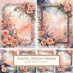 Ensemble de papier numérique cadre floral pêche pastel aquarelle, bordure de page botanique, invitations à faire soi-même un album de scrapbooking, impression numérique, usage commercial, 10 JPG