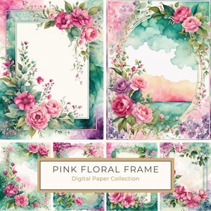 Paquet de papier numérique aquarelle fleur rose, fond menthe, bordure de page botanique, scrapbooking, impression numérique, usage commercial, 10 fichiers JPG