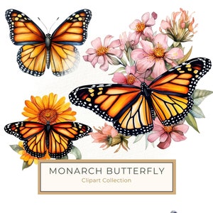 10 Borboletas Monarcas Aquareladas com Flores Rosas Clipart Digital Perfeito para Scrapbooking e Artesanato DIY, Decoração, Uso Comercial, JPG PNG