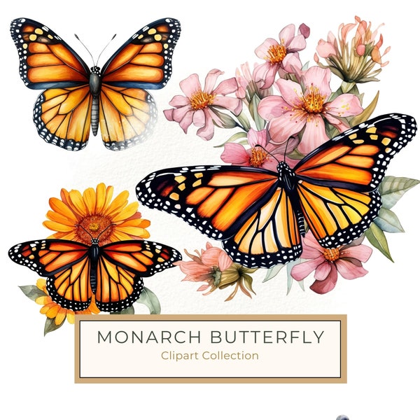 Monarch Butterfly Clipart, Close-up Illustration, Watercolor Clipart, Flower, Art Printable, Commercial Use, 10 High Quality 300 DPI JPG PNG