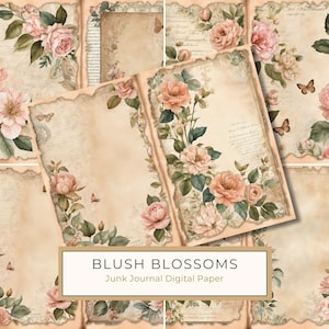 Vintage Style Blush Blossoms Junk Journal Printables, 10 designs exclusivos de meia página, conjunto de papel digital tamanho carta dos EUA, uso comercial