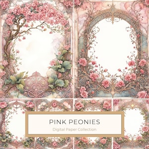 Paquete de papel digital con diseño floral de peonías en acuarela en tonos rosa suave, 10 archivos JPG, perfecto para álbumes de recortes, creación de tarjetas y uso comercial