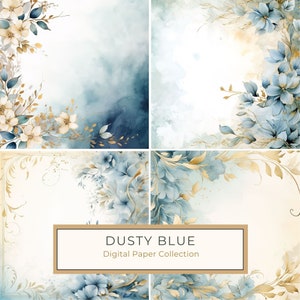 Pode incluir: Uma coleção de papel digital com um fundo de aquarela azul poeirento e dourado com desenhos florais. O texto "DUSTY BLUE Digital Paper Collection" é exibido no centro da imagem.